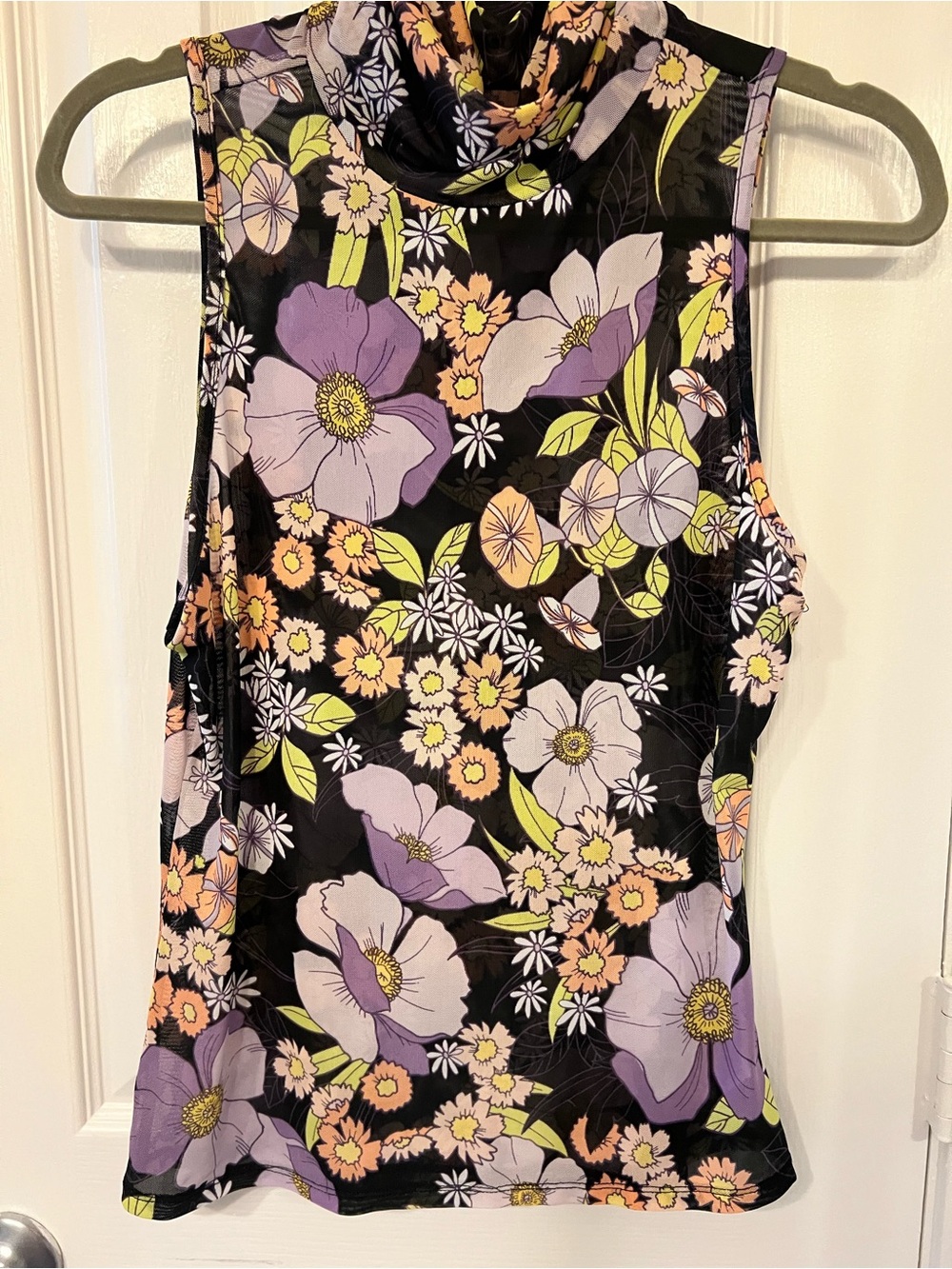 AFRM Floral Sleeveless Mock Neck Mesh Top - Black & Lavender, Size L - Picture 1 of 6